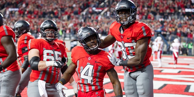 Ohio State Buckeyes h-back Curtis Samuel (#4) and wide receiver Terry McLaurin (#83) celebrate a touchdown during the Big 10 college football game between the Ohio State Buckeyes and Nebraska Cornhuskers on November 05, 2016, at Ohio Stadium in Columbus, OH. Ohio State won the game 62-3.