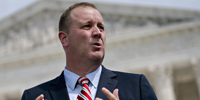 Attorneys General Hold News Conference On Antitrust Investigation Into Large Tech Companies Eric Schmitt, Missouri attorney general, speaks during a news conference outside the Supreme Court in Washington, D.C., U.S., on Monday, Sept. 9, 2019. 