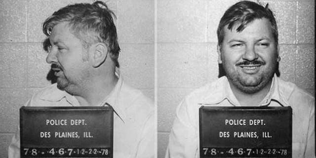 John Wayne Gacy shown in portrait and profile mug shots