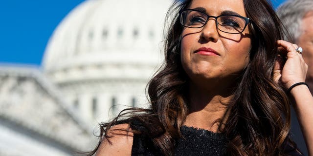 UNITED STATES - FEBRUARY 25: Rep. Lauren Boebert, R-Colo., conducts a news conference with members of the House Freedom Caucus outside the Capitol to oppose the Equality Act, which prohibits discrimination on the basis of sex, gender identity, and sexual orientation, on Thursday February 25, 2021. (Photo By Tom Williams/CQ-Roll Call, Inc via Getty Images)