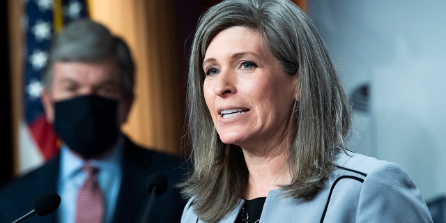 Sens. Joni Ernst, R-Iowa, and Roy Blunt, R-Mo., conduct a news conference as the Senate debates the coronavirus relief package on Friday, March 5, 2021. (Photo By Tom Williams/CQ-Roll Call, Inc via Getty Images)