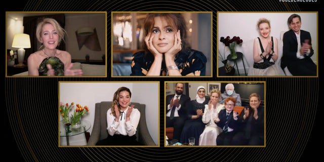 (L-R) Best Supporting Actress – Television nominees Gillian Anderson, Annie Murphy, Helena Bonham Carter (still photo), Cynthia Nixon, and Julia Garner.