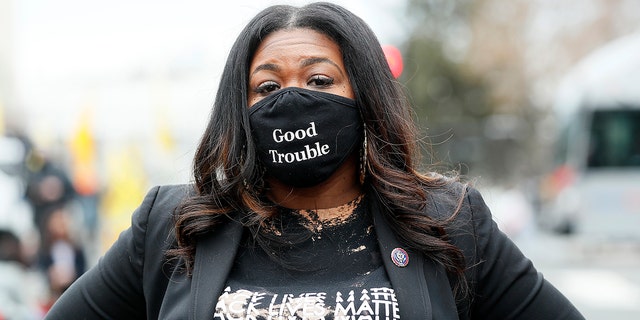 WASHINGTON, DC - MARCH 12: Rep. Cori Bush (D-MO) attends The National Council for Incarcerated Women and Girls "100 Women for 100 Women" rally in Black Lives Matter Plaza near the White House on March 12, 2021. (Photo by Paul Morigi/Getty Images)