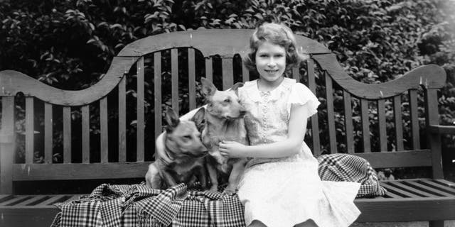 Princess Elizabeth sits with two corgi dogs at her home in London in this July 1936 photo.