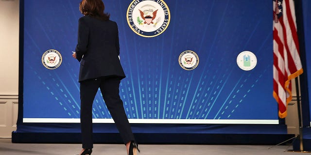 WASHINGTON, DC - MARCH 10: U.S. Vice President Kamala Harris leaves the stage after conducting Secretary of Housing and Urban Development Secretary Marcia Fudge's ceremonial swearing in via video link in the South Court Auditorium in the Eisenhower Executive Office Building on March 10, 2021 in Washington, DC. (Photo by Chip Somodevilla/Getty Images)