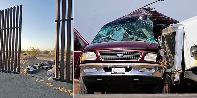 At left is an opening in a metal fence along the U.S.-Mexico border in California. At right is a Ford Expedition SUV that crashed with a big rig, resulting in 13 deaths. (Border Patrol/Associated Press)