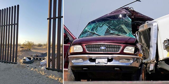 At left is an opening in a metal fence along the U.S.-Mexico border in California. At right is a Ford Expedition SUV that crashed with a big rig, resulting in 13 deaths. (Border Patrol/Associated Press)