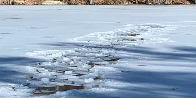 The man was able to crawl toward the shore so that two others could use a branch to help pull him to shore. (Stoneham Fire Department)