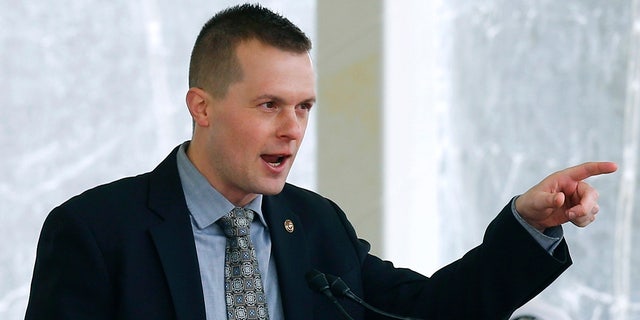 In this April 27, 2019, file photo, Rep. Jared Golden, D-Maine, speaks in Bath, Maine. Golden was the only Democrat lawmaker to break with his party and vote against the $1.9 trillion COVID-19 relief package on Wednesday, March 10, 2021. (AP Photo/David Sharp, File)