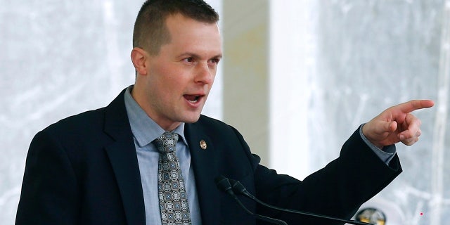 In this April 27, 2019, file photo, Rep. Jared Golden, D-Maine, speaks in Bath, Maine. Golden was the only Democrat lawmaker to break with his party and vote against the $1.9 trillion COVID-19 relief package on Wednesday, March 10, 2021. (AP Photo/David Sharp, File)