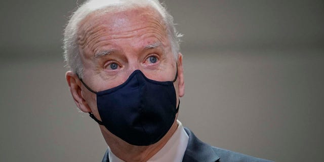 President Biden looks on during his visit to Smith Flooring, Inc., on March 16, 2021, in Chester, Pennsylvania. 