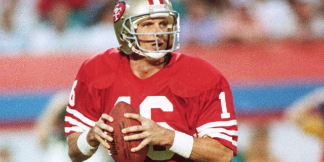 MIAMI, FL - Jan. 31: Joe Montana, # 16 of the San Francisco 49ers, returns to defeat Cincinnati in Super Bowl XXIII on January 31, 1989 in Joe Rob. Bie Stadium in Miami, Florida, the 49ers won the Super Bowl 20-16 (Photo by Focus on Sport / Getty Images).