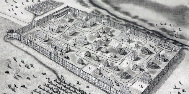 Conjectural drawing of St. Mary’s Fort based on the geophysical survey (Drawing by Jeffrey R. Parno)