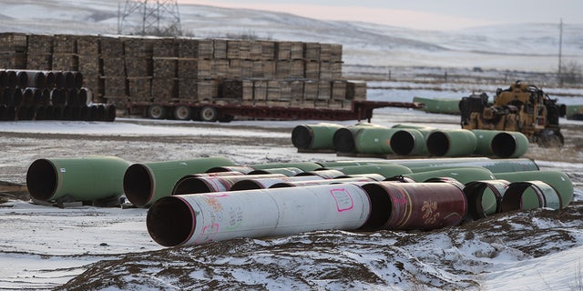 Pipes for the Keystone XL pipeline stacked in a yard near Oyen, Alberta, Canada, on Jan. 26, 2021. The NRDC was one of many groups to sue over the project.