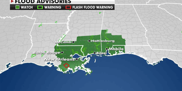 On Wednesday, flood advisories remain issued from Louisiana to the Florida Panhandle. (Fox News)