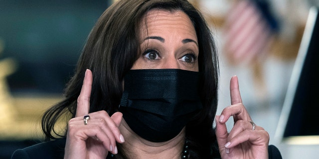 In this March 18, 2021 photo, Vice President Kamala Harris speaks during a meeting with women leaders in the labor community in the Vice President's ceremonial office in the Eisenhower Executive Office Building on the White House campus, in Washington.