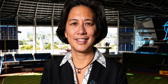 Marlins general manager Kim Ng at a press conference at Marlins Park in Miami, Florida.
