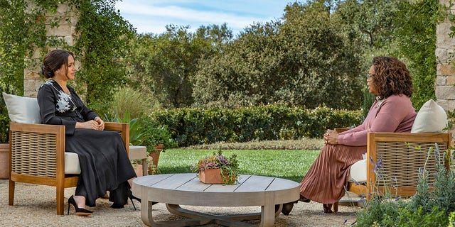 This image provided by Harpo Productions shows Meghan, The Duchess of Sussex, left, in conversation with Oprah Winfrey. 