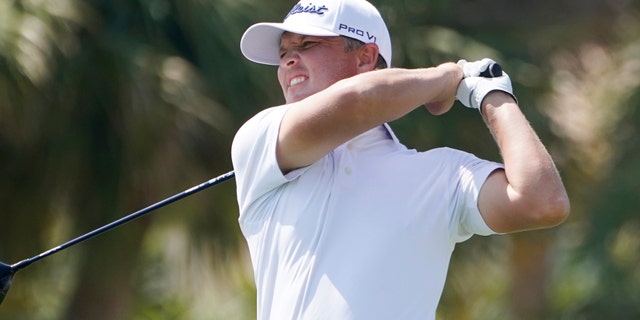 Matt Jones of Australia hits from the 18th tee during the first round of the Honda Classic golf tournament, Thursday, March 18, 2021, in Palm Beach Gardens, Fla. Jones tied the course record at PGA National with a 9-under 61.