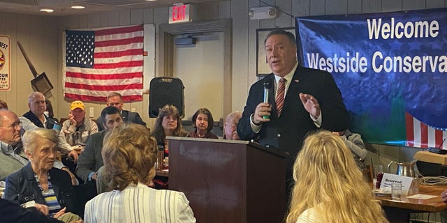 Former Secretary of State Mike Pompeo speaks at a breakfast hosted by the Westside Conservative Club in Urbandale, Iowa, on March 26, 2021.