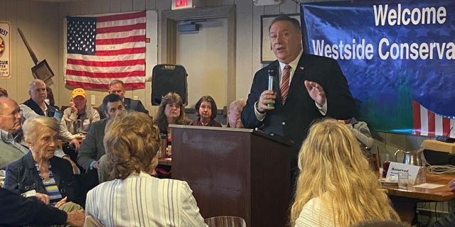 Former Secretary of State Mike Pompeo speaks at a breakfast hosted by the Westside Conservative Club in Urbandale, Iowa, on March 26, 2021