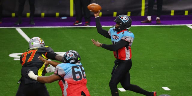 David Pindell #11 of the Glacier Boyz passes against the Zappers during a Fan Controlled Football game at Infinite Energy Arena on February 20, 2021 in Duluth, Georgia. (Photo by Kevin C. Cox/Fan Controlled Football/Getty Images)