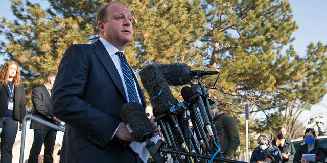 March 23, 2021; Boulder, CO, USA; Colorado Gov. Jared Polis speaks during a press conference at the Boulder Police Department discussing the fatal shooting where 10 people died at King Soopers in Boulder, Colo. on Tuesday, March 23, 2021. (Bethany Baker-USA TODAY NETWORK)