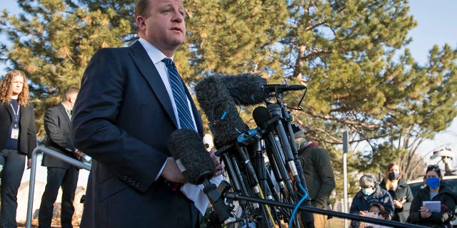 March 23, 2021; Boulder, CO, USA; Colorado Gov. Jared Polis speaks during a press conference at the Boulder Police Department discussing the fatal shooting where 10 people died at King Soopers in Boulder, Colo. on Tuesday, March 23, 2021. (Bethany Baker-USA TODAY NETWORK)