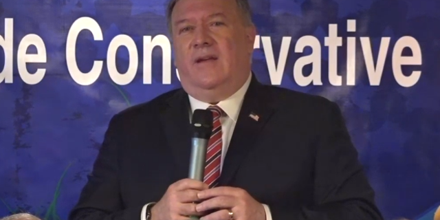 Former Secretary of State Mike Pompeo speaks in Urbandale, Iowa on March 26, 2021