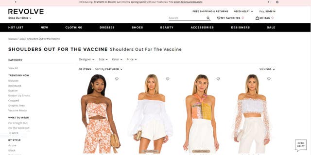 The "Vaccine Ready" section of Revolve.com's tops for sale.