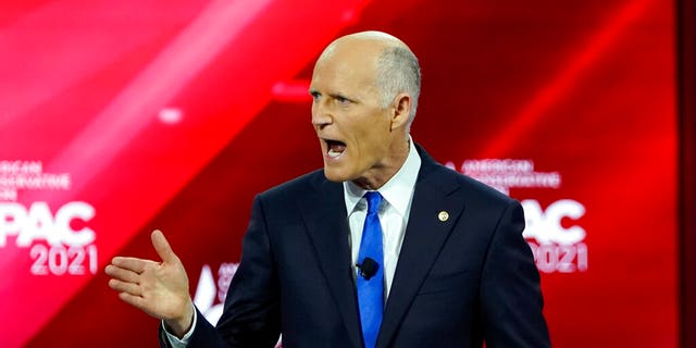Sen. Rick Scott, R-Fla., speaks at the Conservative Political Action Conference Feb. 26, 2021, in Orlando, Fla. 