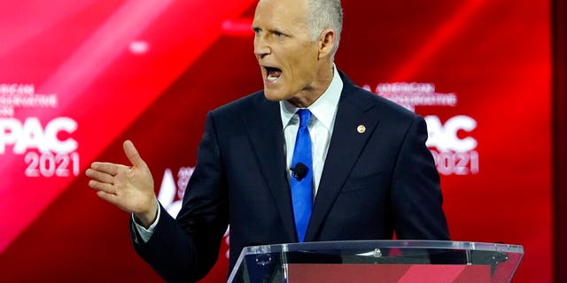 Sen. Rick Scott, R-Fla., speaks at the Conservative Political Action Conference (CPAC) Friday, Feb. 26, 2021, in Orlando, Fla. (AP Photo/John Raoux)