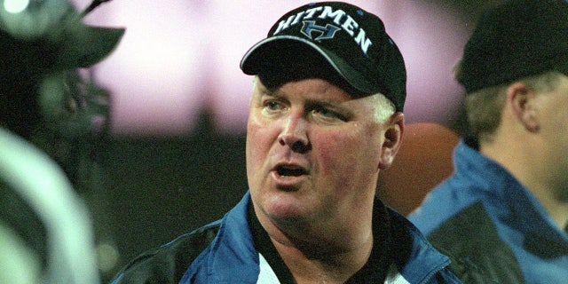 Head Coach Rusty Tillman of the New York/New Jersey Hitmen discusses a play during the game against the Las Vegas Outlaws at the Sam Boyd Stadium in Las Vegas, Nevada. The Outlaws defeated the Hitmen 19-0. (Todd Warshaw /Allsport)