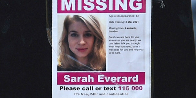 A poster asks people for information on missing woman Sarah Everard, in London's Clapham Common, Monday March 8, 2021. New CCTV system missing 33-year-old Everard was discovered during police investigation to find Everard who left one nearby at a friend's house last Wednesday night to walk home, but we haven't heard from him since. (Kirsty O'Connor / PA via AP)