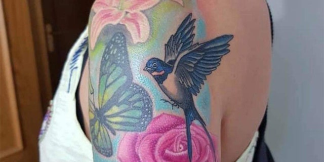 A closeup of Sarm Heslop's shoulder tattoo. She has been unaccounted for since March 2021 after last being seen leaving a bar on St. John in the U.S. Virgin Islands the evening of March 7, 2021.