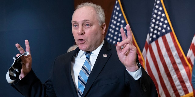 Rep. Steve Scalise, the House minority whip, gestures during a news conference at the Capitol on March 9, 2021.