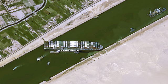 A satellite image shows stranded container ship Ever Given after it ran aground in Suez Canal, Egypt March 25, 2021. CNES/AIRBUS DS via REUTERS ATTENTION EDITORS THIS IMAGE HAS BEEN SUPPLIED BY A THIRD PARTY. NO RESALES. NO ARCHIVES. MANDATORY CREDIT.