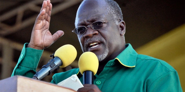 FILE - In this Friday, Oct. 23, 2015 file photo, President John Magufuli gestures during an election rally in Dar es Salaam, Tanzania. (AP Photo/Khalfan Said, File)