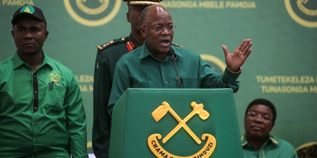 FILE - In this Saturday, July 11, 2020 file photo, President John Magufuli speaks at the national congress of his ruling Chama cha Mapinduzi (CCM) party in Dodoma, Tanzania. (AP Photo, File)