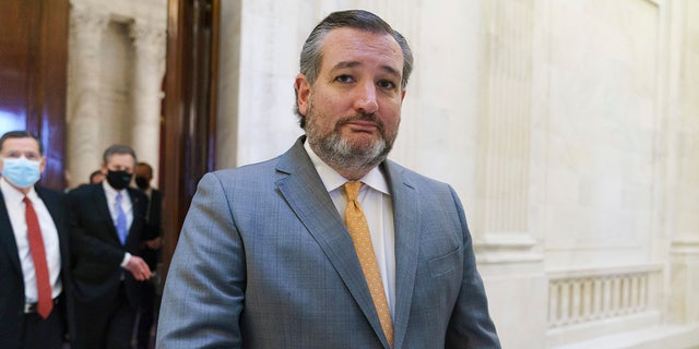Le sénateur Ted Cruz, du R-Texas, et d'autres membres de la Conférence républicaine quittent un déjeuner sur Capitol Hill à Washington, le mercredi 24 mars 2021 (Crédit: AP Photo / J. Scott Applewhite)