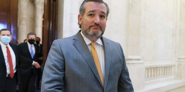 Le sénateur Ted Cruz, du R-Texas, et d'autres membres de la Conférence républicaine quittent un déjeuner sur Capitol Hill à Washington, le mercredi 24 mars 2021 (Crédit: AP Photo / J. Scott Applewhite)