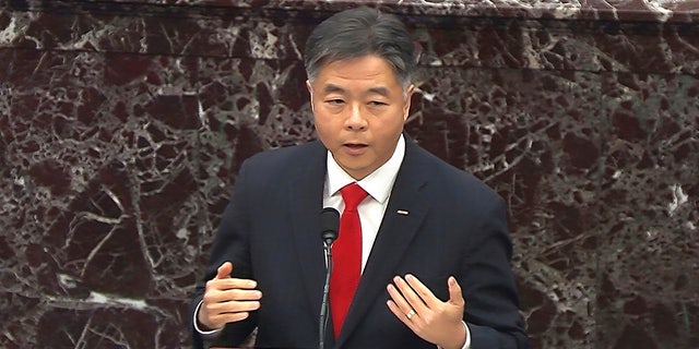 In this image from video, Rep. Ted Lieu, D-Calif., speaks during the second impeachment trial of former President Donald Trump in the Senate at the U.S. Capitol in Washington, Wednesday, Feb. 10, 2021. Lieu has requested $1 million in earmarks for homeless encampments in California. (Senate Television via AP)