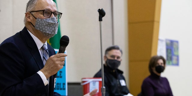 After visiting two classrooms at Phantom Lake Elementary School in Bellevue, Washington, Gov. Jay Inslee speaks to teachers and other school employees on March 2, 2021.