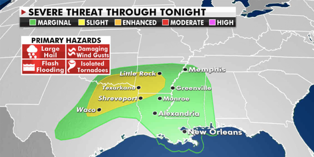 A slight risk for severe weather has been placed across parts of Arkansas, Louisiana and Texas. (Fox News)