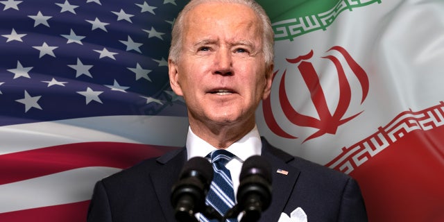 President Biden with the US and Iranian flags in the background.