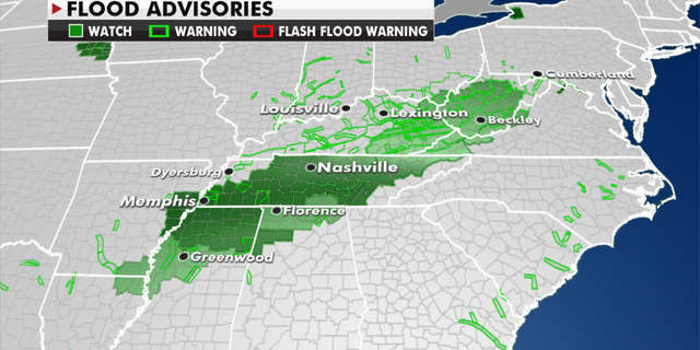 Flood advisories currently in effect Monday. (Fox News)