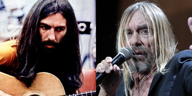 George Harrison, left, playing acoustic guitar in the early 1970s and Iggy Pop performing in 2018. (Getty Images)