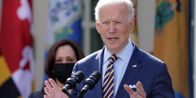 U.S. President Joe Biden speaks during an event on the American Rescue Plan in the Rose Garden of the White House on March 12, 2021, in Washington, D.C.
