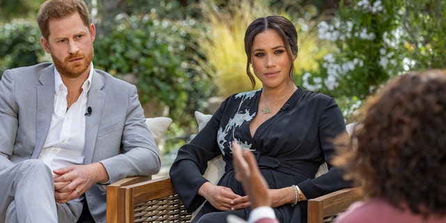 Prince Harry and Meghan Markle during their explosive sit-down with Oprah Winfrey.