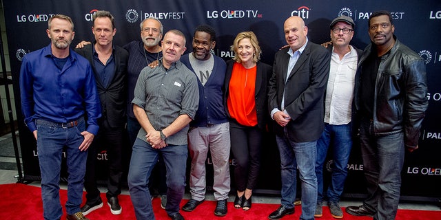 Lee Tergesen, Dean Winters, Tom Fontana, Craig muMs Grant also known as muMs the Schemer, Edie Falco, David Simon, Terry Kinney and Eamonn Walker attend the PaleyFest NY 2017 "Oz" reunion at The Paley Center for Media on October 15, 2017 in New York City. 